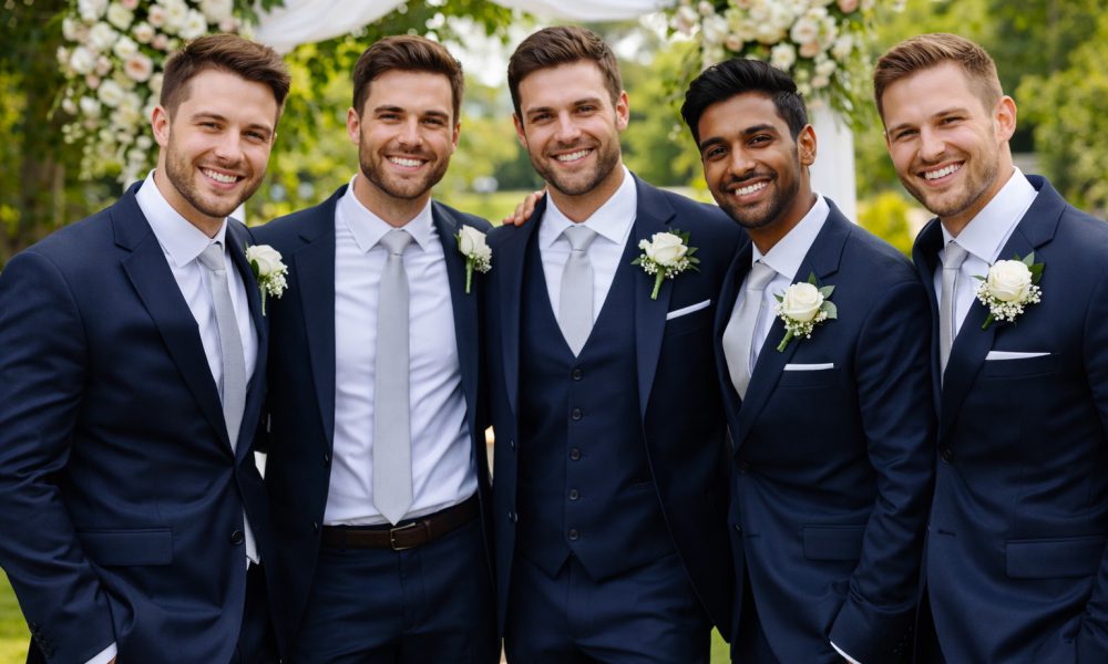 Groomsmen Posing Under Floral Wedding Arch