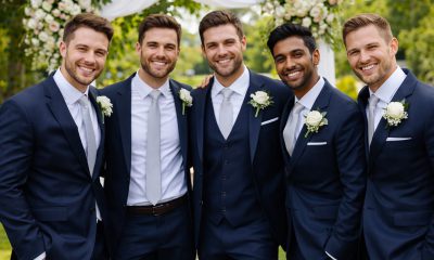 Groomsmen Posing Under Floral Wedding Arch