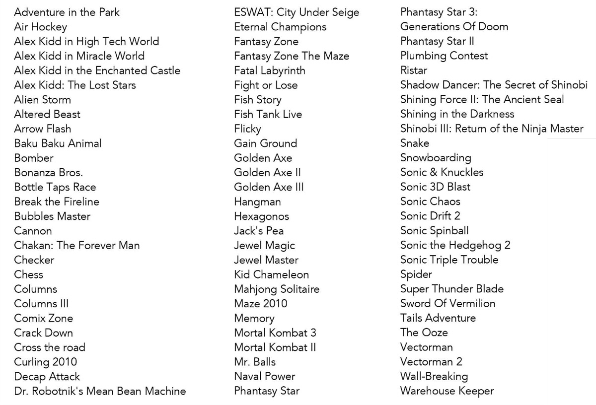 sega genesis classic list of games