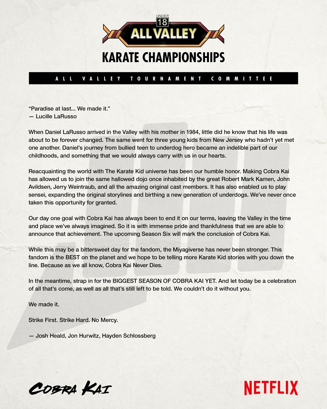 Cobra Kai Final Season Letter