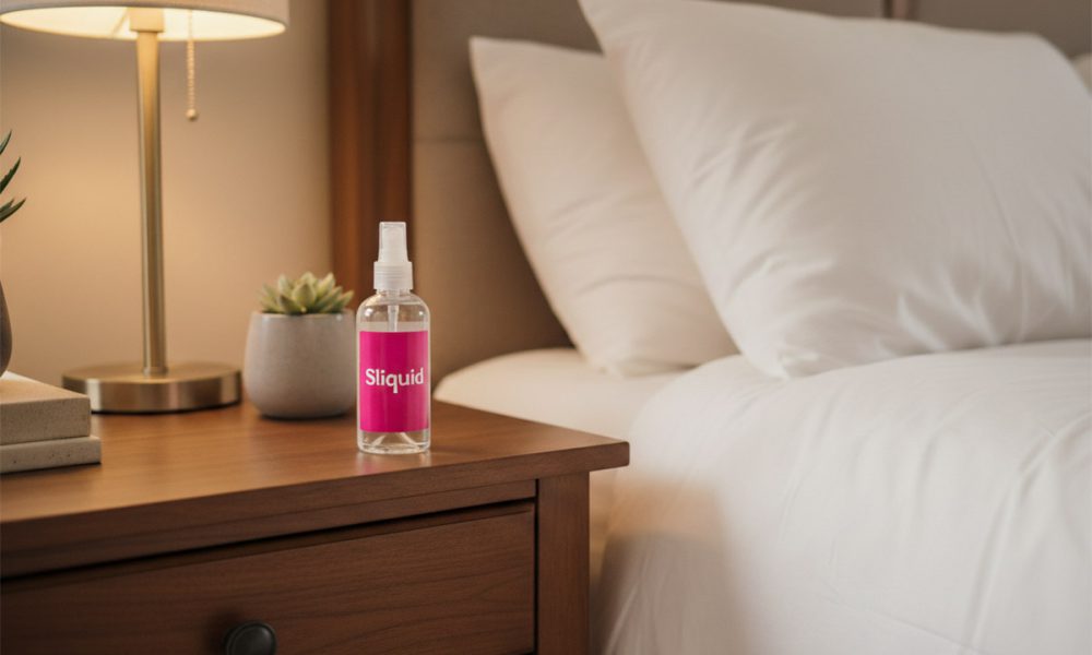 Bottle of lube on the nightstand in the bedroom