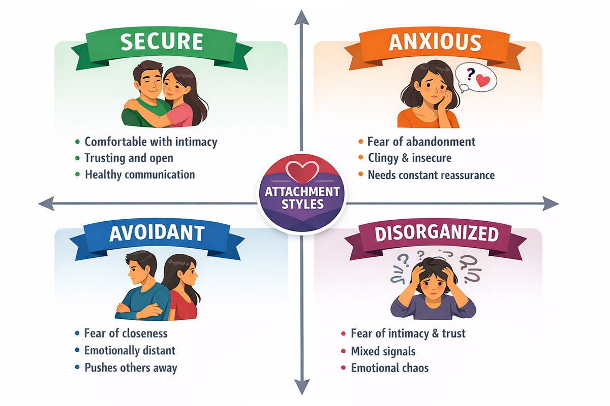 Four attachment styles diagram showing secure, anxious, avoidant, and disorganized patterns in relationships