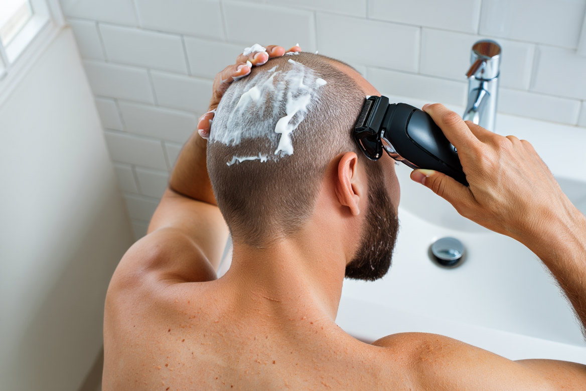 Man shaving his head with electric shaver