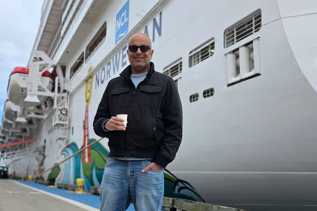 Standing in front of the Norwegian Getaway