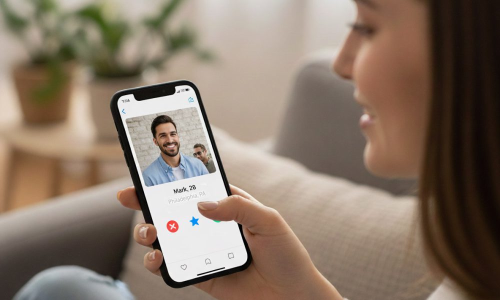 Woman using dating app