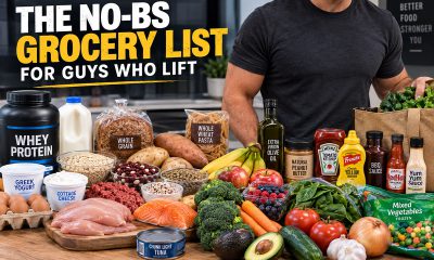 Healthy grocery list essentials including chicken, eggs, oats, vegetables and olive oil for muscle and fitness