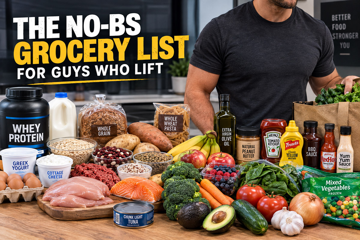 Healthy grocery list essentials including chicken, eggs, oats, vegetables and olive oil for muscle and fitness